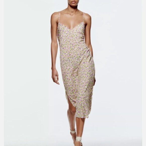 ZARA  Floral Satin Slip Dress Size LARGE NEW WITH TAG! - Picture 3 of 10
